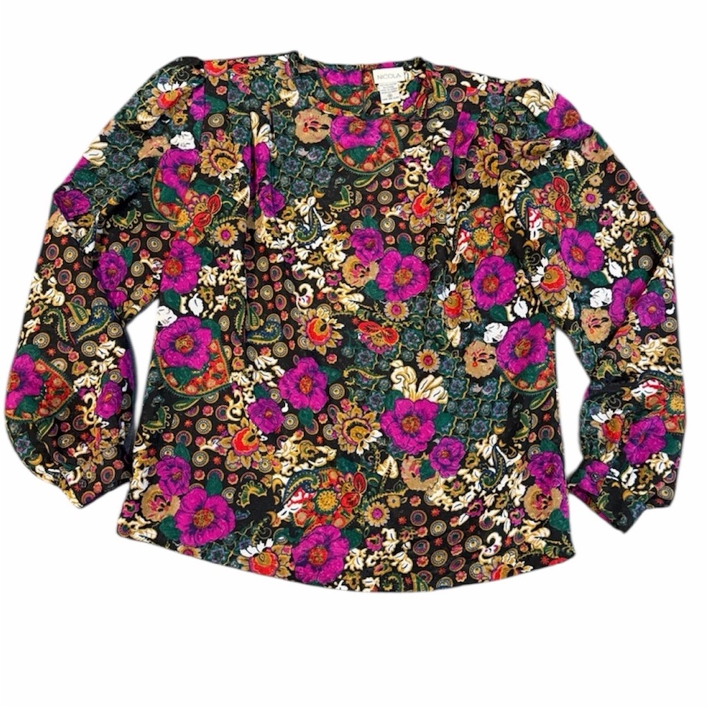 NICOLA Vibrant Floral Vintage‎ Blouse with Pink and Green